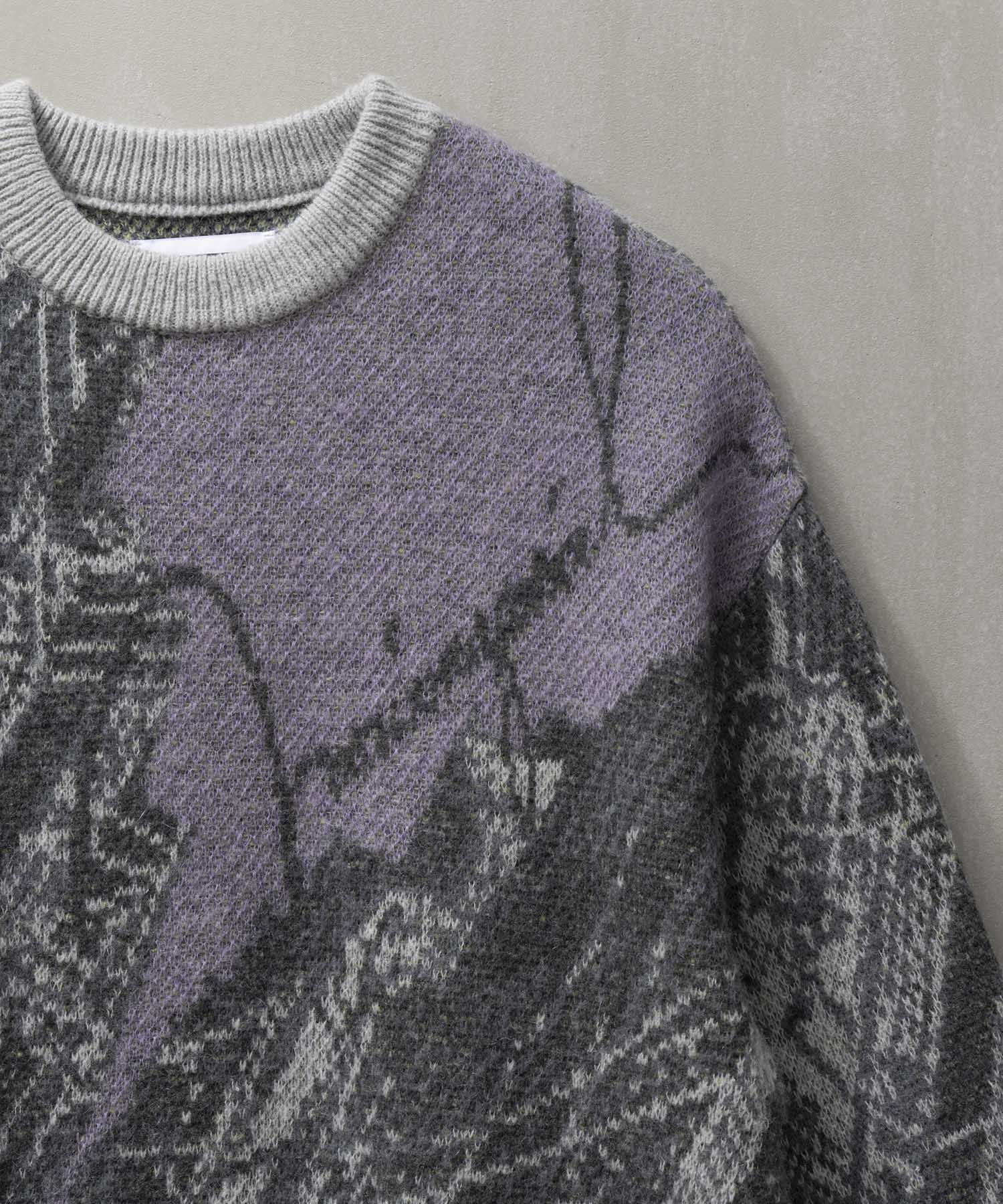 Airy Mohair Abstract Prime-Over Crew Neck Knit Pullover