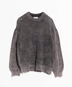 Snow Wash Damaged Prime-Over Crew Neck Knit Pullover