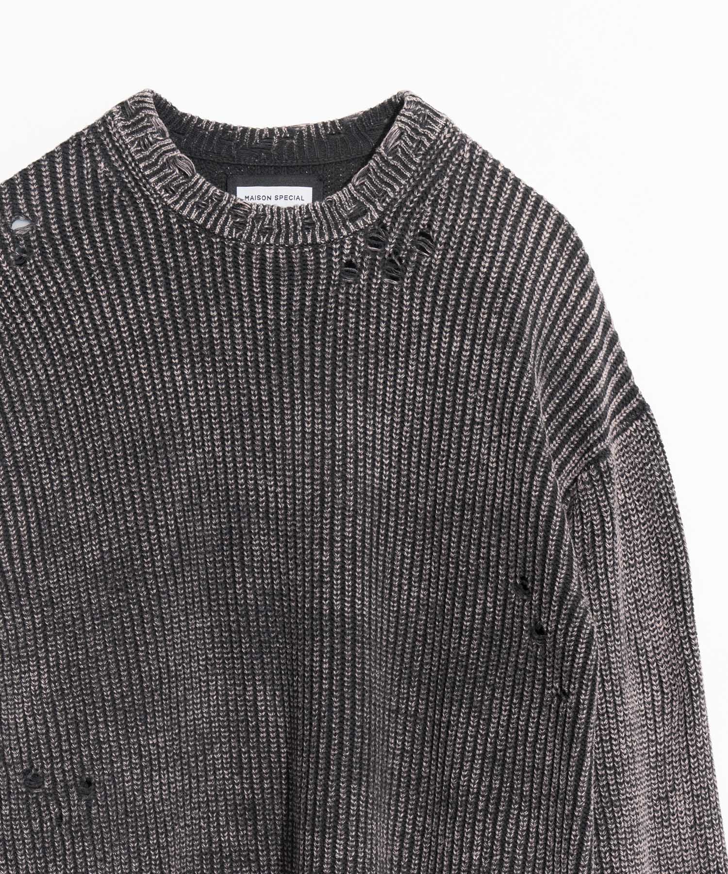 Snow Wash Damaged Prime-Over Crew Neck Knit Pullover