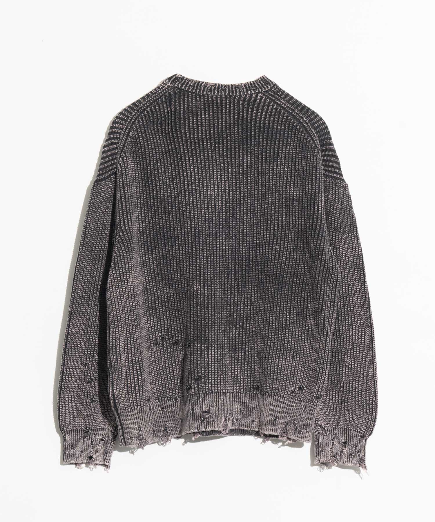 Snow Wash Damaged Prime-Over Crew Neck Knit Pullover