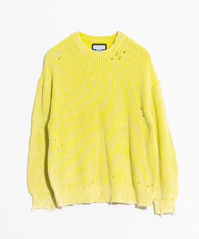 Snow Wash Damaged Prime-Over Crew Neck Knit Pullover