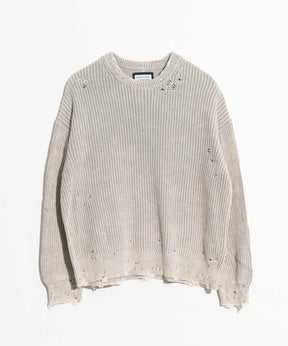 Snow Wash Damaged Prime-Over Crew Neck Knit Pullover