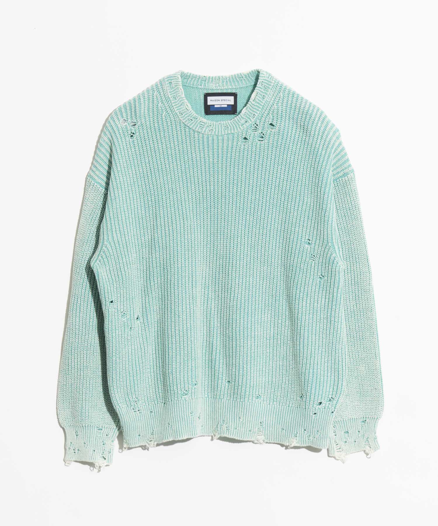 Snow Wash Damaged Prime-Over Crew Neck Knit Pullover