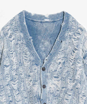 Snow Wash Destroy Fringe Denim Knit Prime-Over V-Neck Cardigan