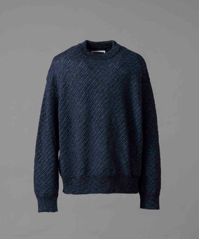 Slub Yarn Mixed Bias Mesh Prime-Over Crew Neck Knit Pullover