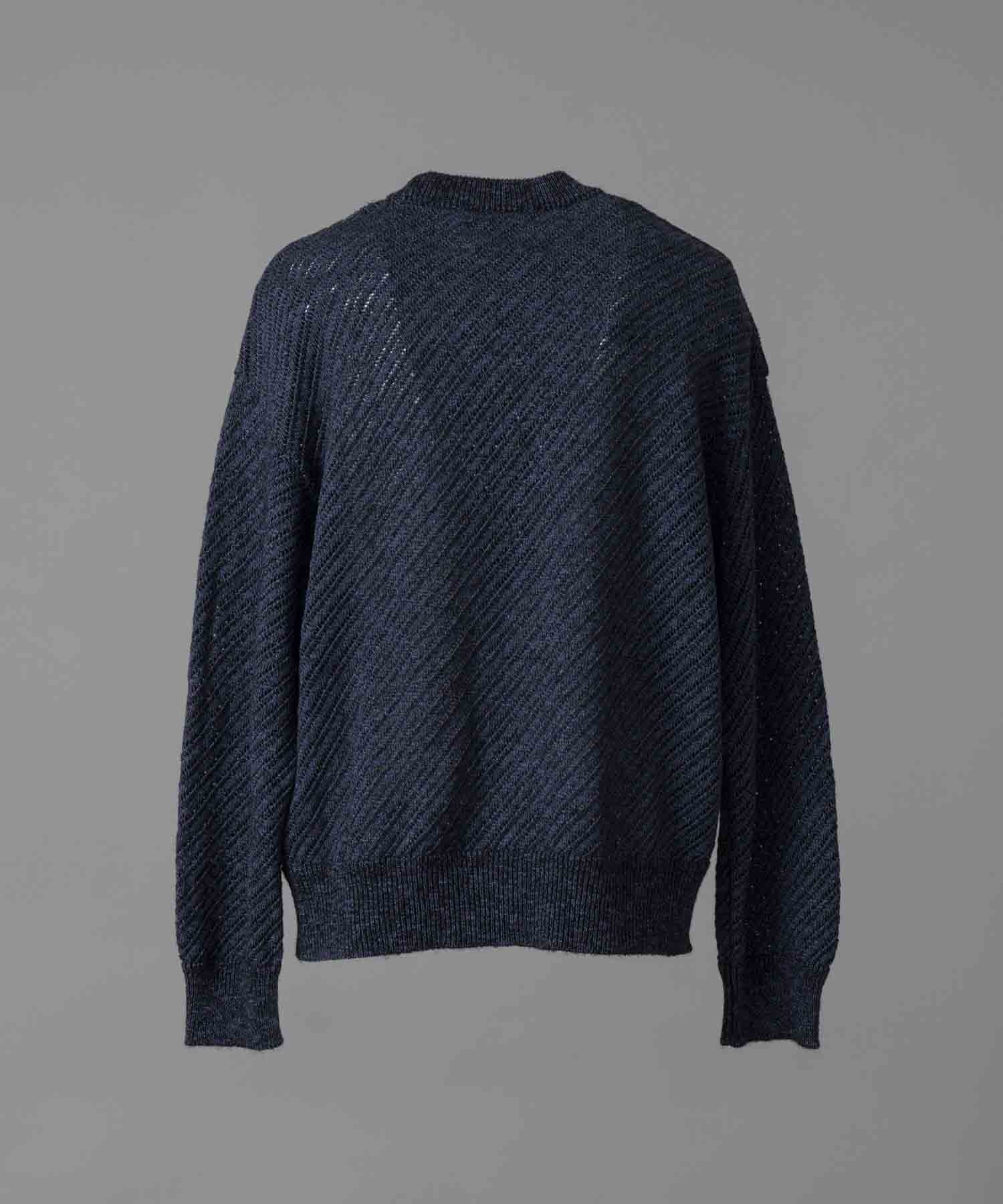 Slub Yarn Mixed Bias Mesh Prime-Over Crew Neck Knit Pullover