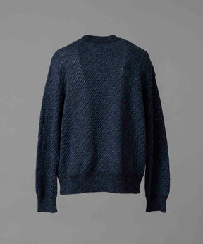 Slub Yarn Mixed Bias Mesh Prime-Over Crew Neck Knit Pullover