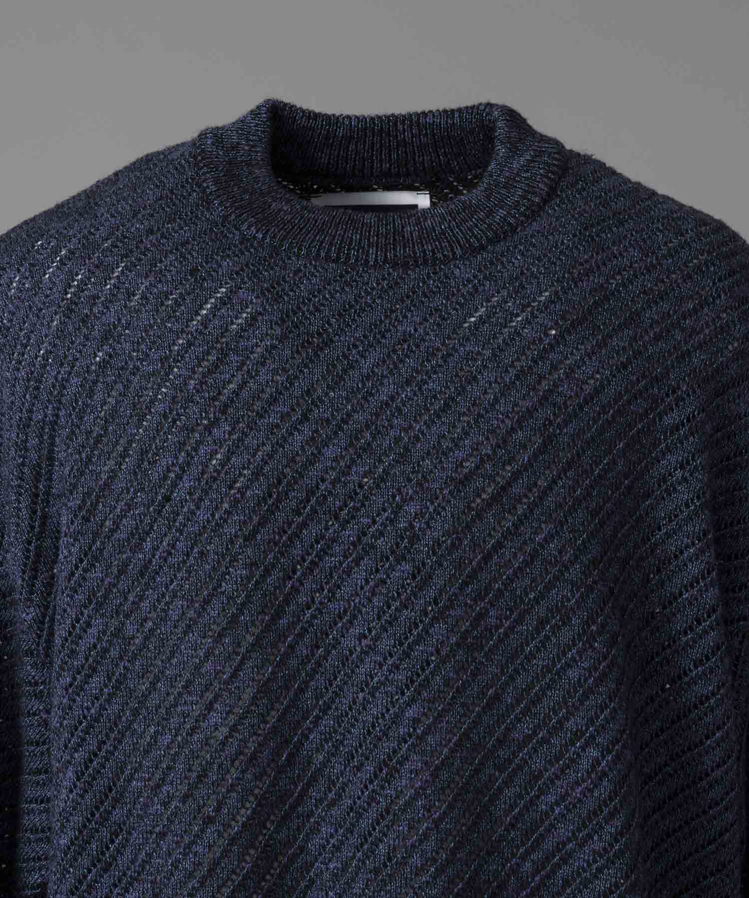 Slub Yarn Mixed Bias Mesh Prime-Over Crew Neck Knit Pullover