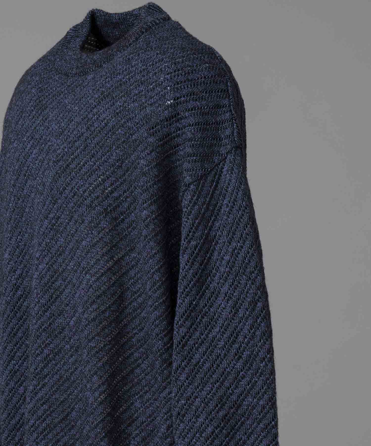 Slub Yarn Mixed Bias Mesh Prime-Over Crew Neck Knit Pullover