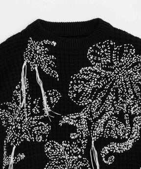 Oni-Waffle Hand Stitch Botanical Embroidery Prime-Over Crew Neck Knit Pullover