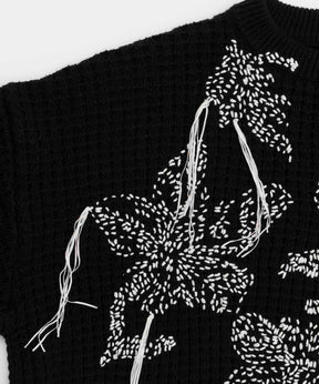 Oni-Waffle Hand Stitch Botanical Embroidery Prime-Over Crew Neck Knit Pullover