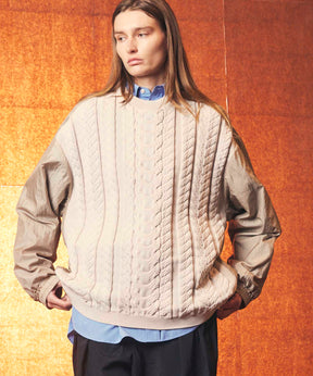 Cable Knit Combination Prime-Over Woven Shirt Crew Neck Pullover