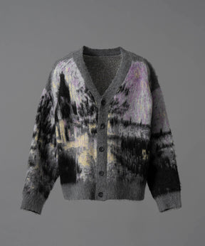 Prime-Over Landscape Painting V-Neck Knit Cardigan