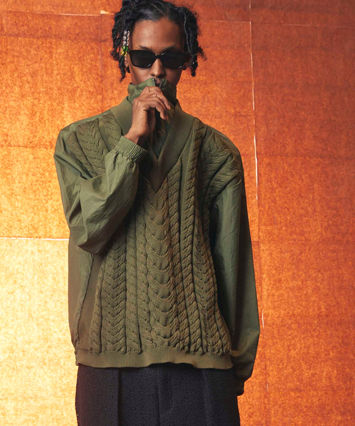 Cable Knit Combination Prime-Over Woven Shirt Half-Zip Pullover