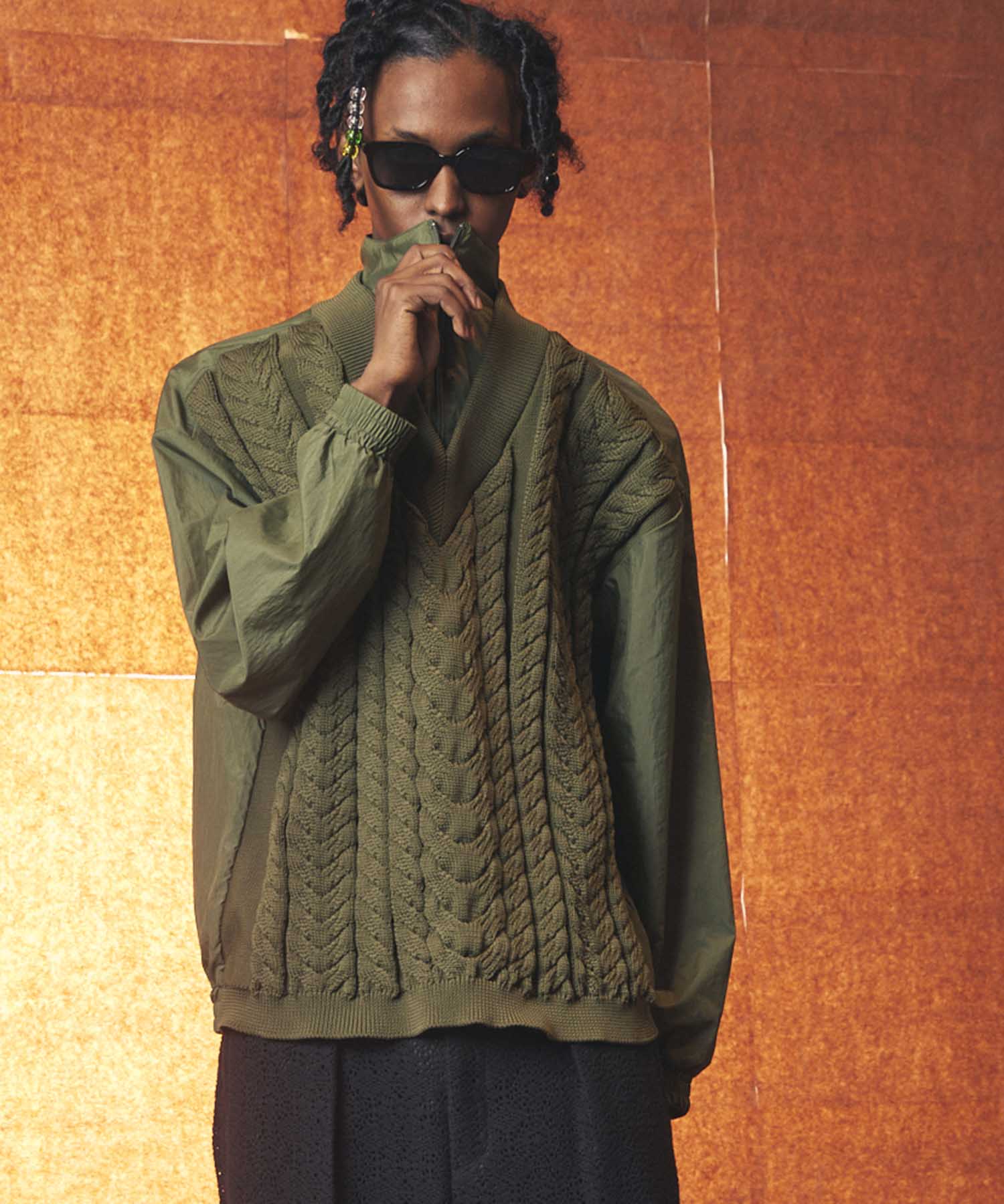 Cable Knit Combination Prime-Over Woven Shirt Half-Zip Pullover