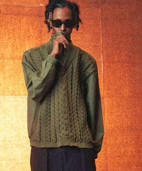 Cable Knit Combination Prime-Over Woven Shirt Half-Zip Pullover