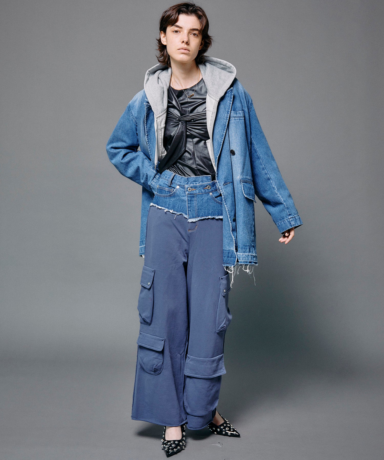 【SALE】Cut Off Denim Layered Sweat Pants