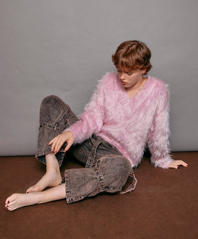 【SALE】2way V-neck Shaggy Knit Wear