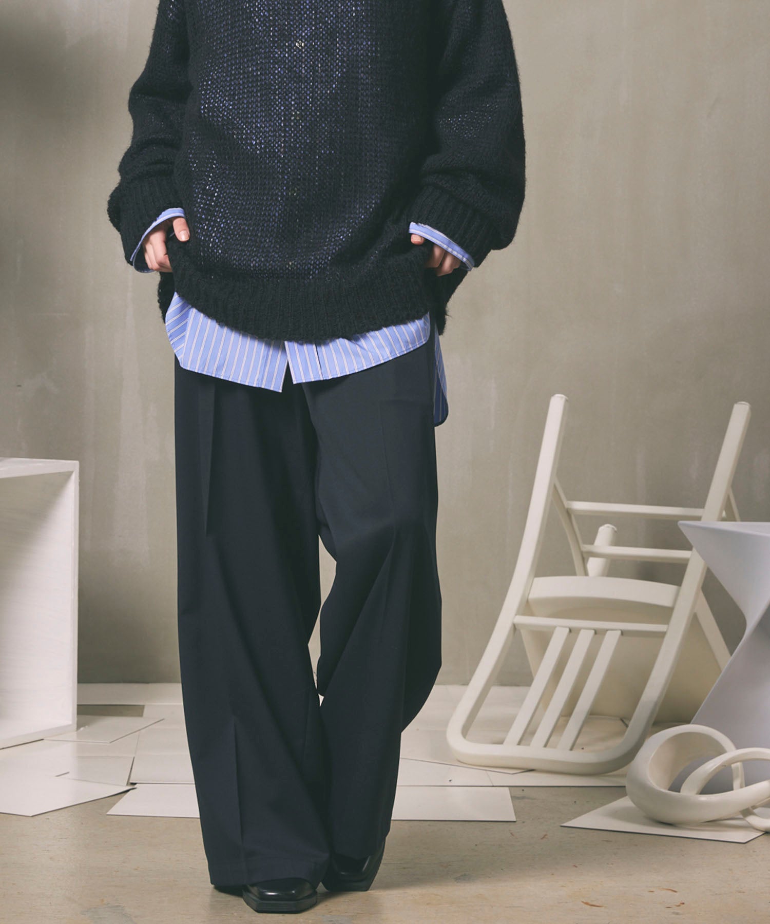 Wool Mix Continuous Tow-Tuck Wide Pants