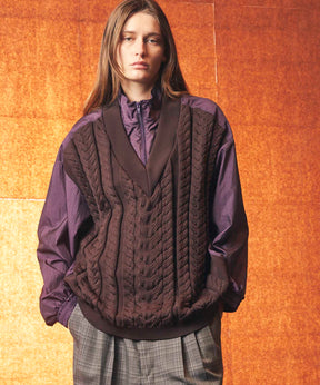 Cable Knit Combination Prime-Over Woven Shirt Half-Zip Pullover