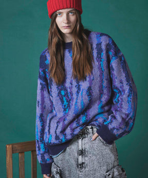 Airy Mohair Crazy Stripe Prime-Over Crew Neck Knit Pullover