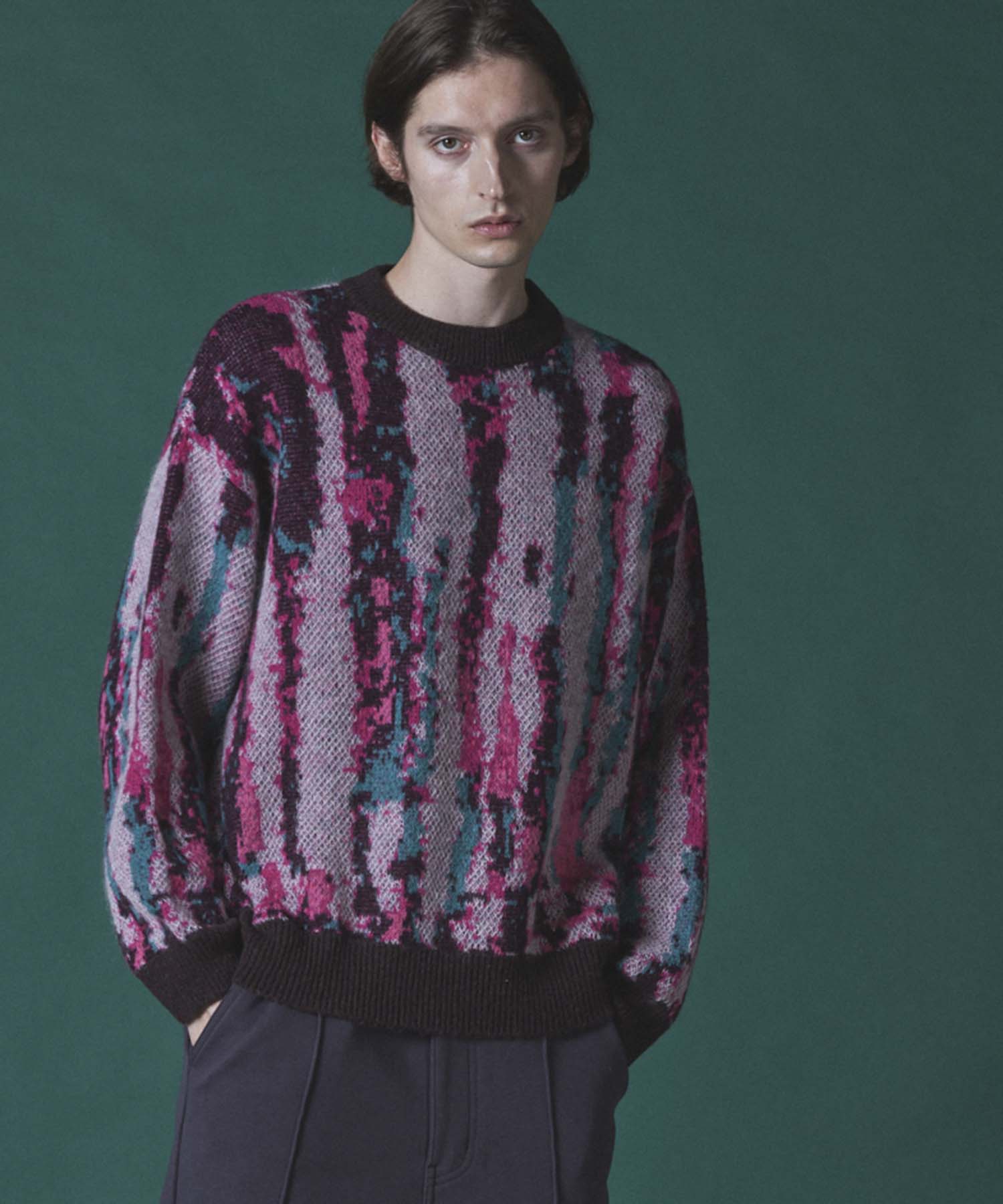 Airy Mohair Crazy Stripe Prime-Over Crew Neck Knit Pullover