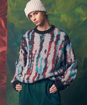 Airy Mohair Crazy Stripe Prime-Over Crew Neck Knit Pullover