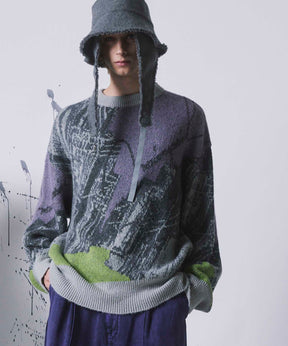 Airy Mohair Abstract Prime-Over Crew Neck Knit Pullover