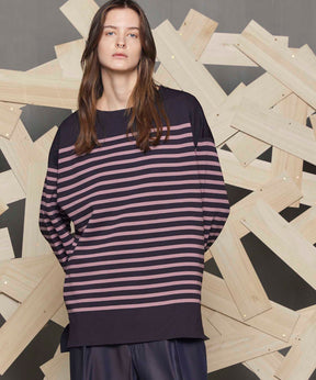 18G  Milan Ribs Border Prime-Over Boat Neck Knit Pullover