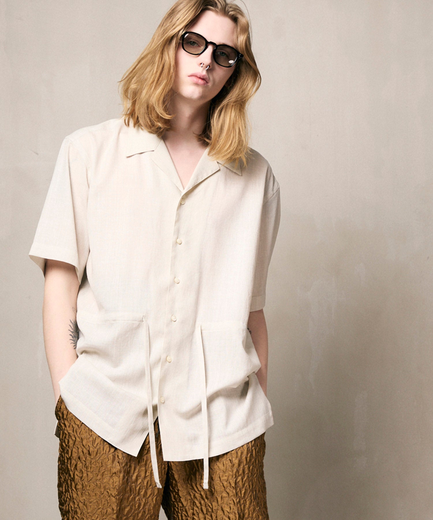 Calendering Triacetate Dress-Over Short Sleeve Open Collar Shirt