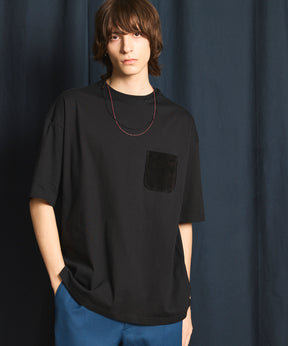 Hand-Stitched Oversized Leather Pocket Crew Neck T-shirt