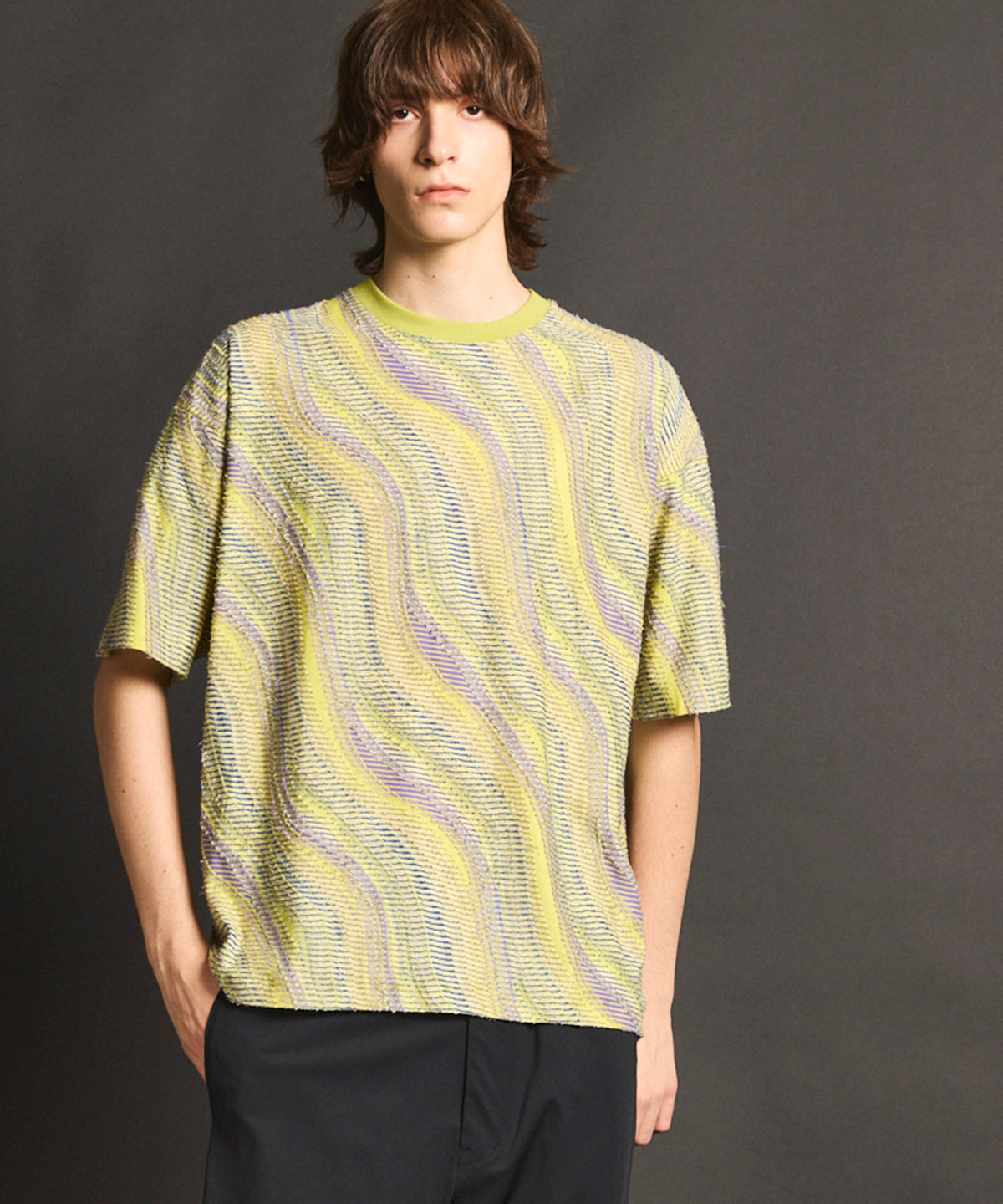 Wave Back Cut Jacquard Prime-Over Crew Neck T-shirt