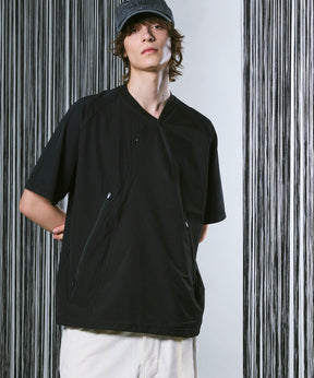 【SPORTS TECH HIGH SPEC LINE】Oversized Different Material Combination HANOJI Zip Crew Neck T-shirt