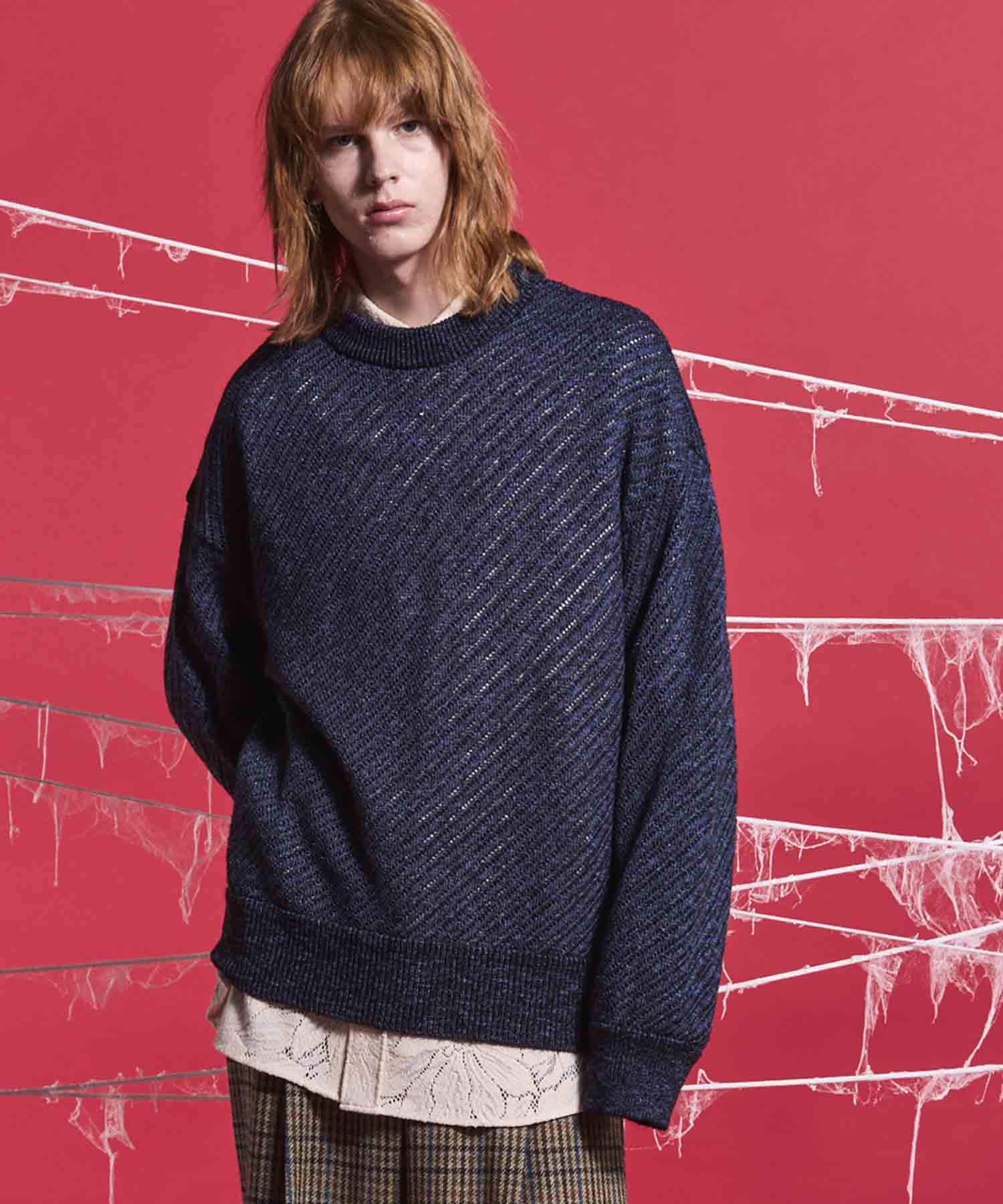 Slub Yarn Mixed Bias Mesh Prime-Over Crew Neck Knit Pullover