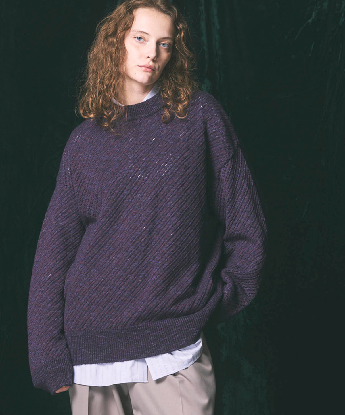 Slub Yarn Mixed Bias Mesh Prime-Over Crew Neck Knit Pullover