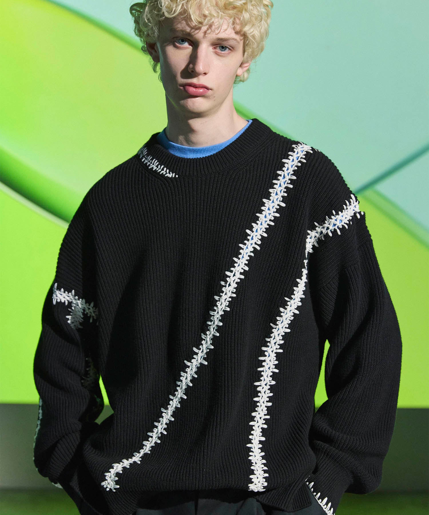 Barbed Wire Embroidery Prime-Over Crew Neck Knit Pullover