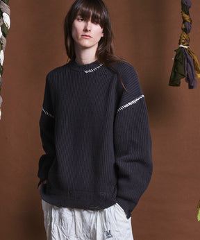 Embroidery Damage Prime-Over Crew Neck Knit Pullover