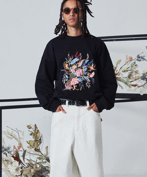 Flower Embroidery Heavy-Weight Sweat Prime-Over Crew Neck Pullover