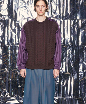 Cable Knit Combination Prime-Over Woven Shirt Crew Neck Pullover