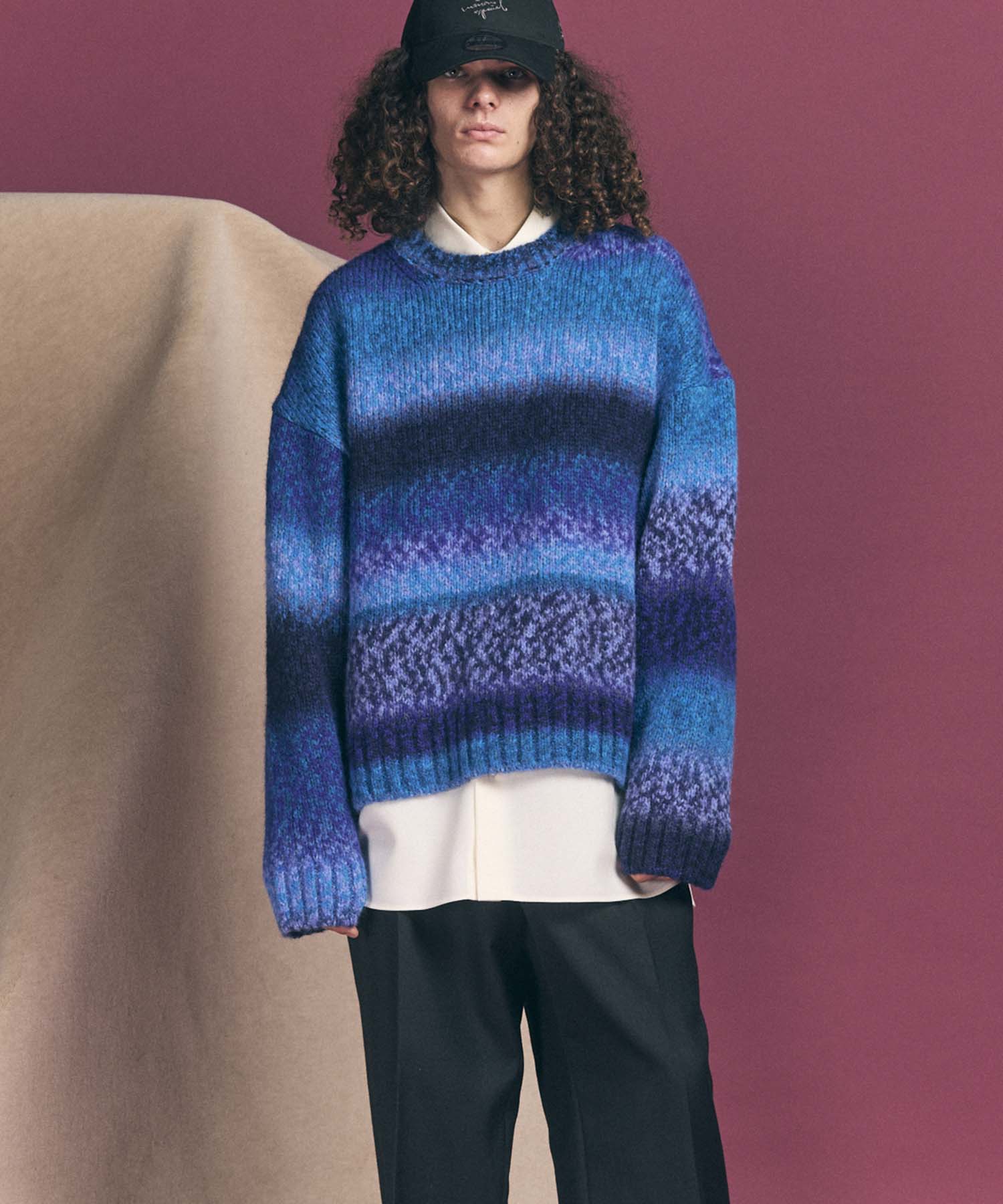 PINORI Long Space-Dye Gradation Prime-Over Crew Neck Knit PullOver