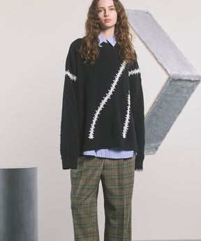 Barbed Wire Embroidery Prime-Over Crew Neck Knit Pullover