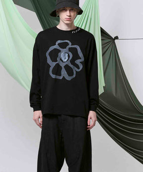 Flower Hand-Printed Oversized Stitched Crew Neck Long Sleeve T-Shirt