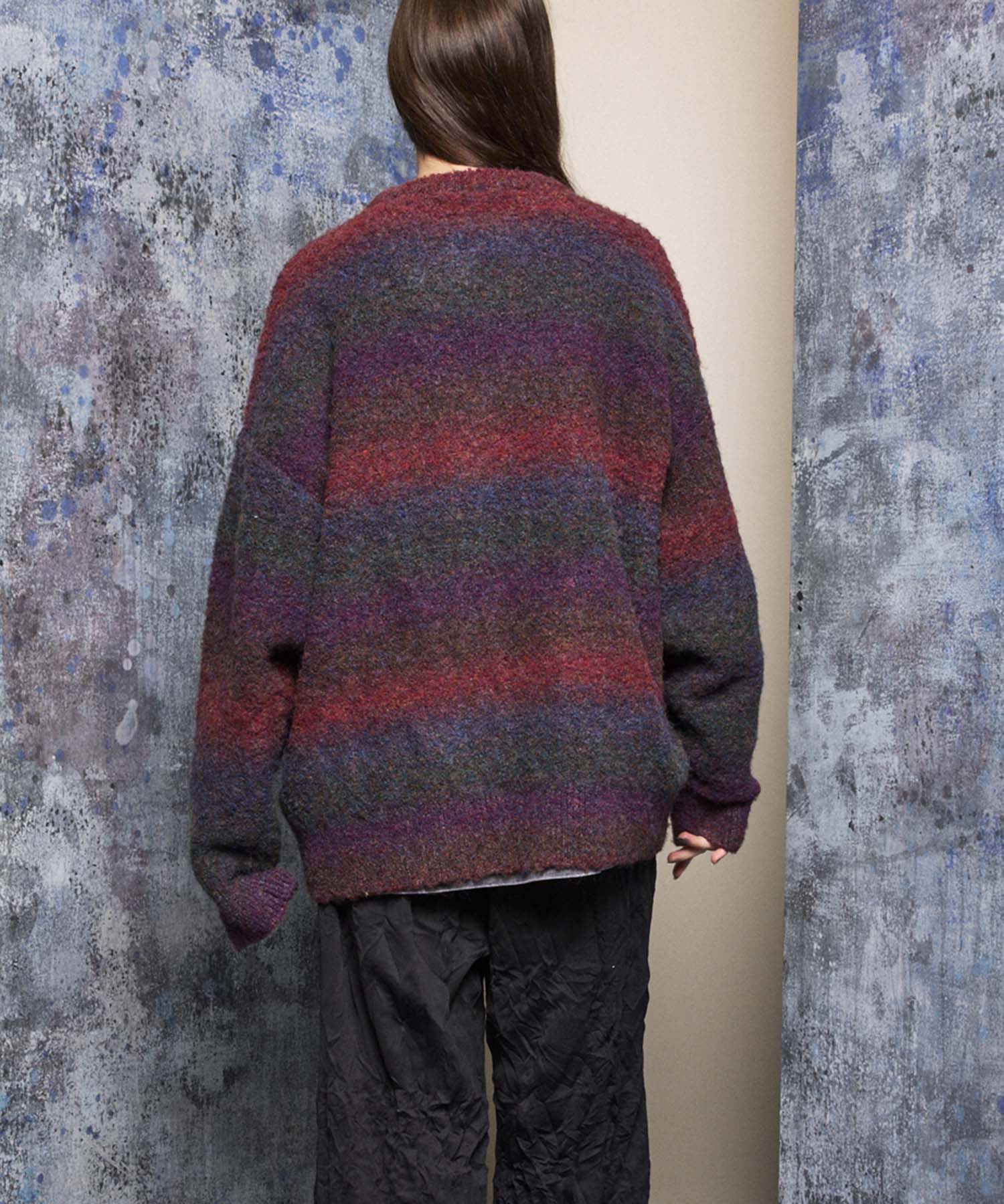 MOKOMOKO Gradation Border Prime-Over Crew Neck Knit Pullover