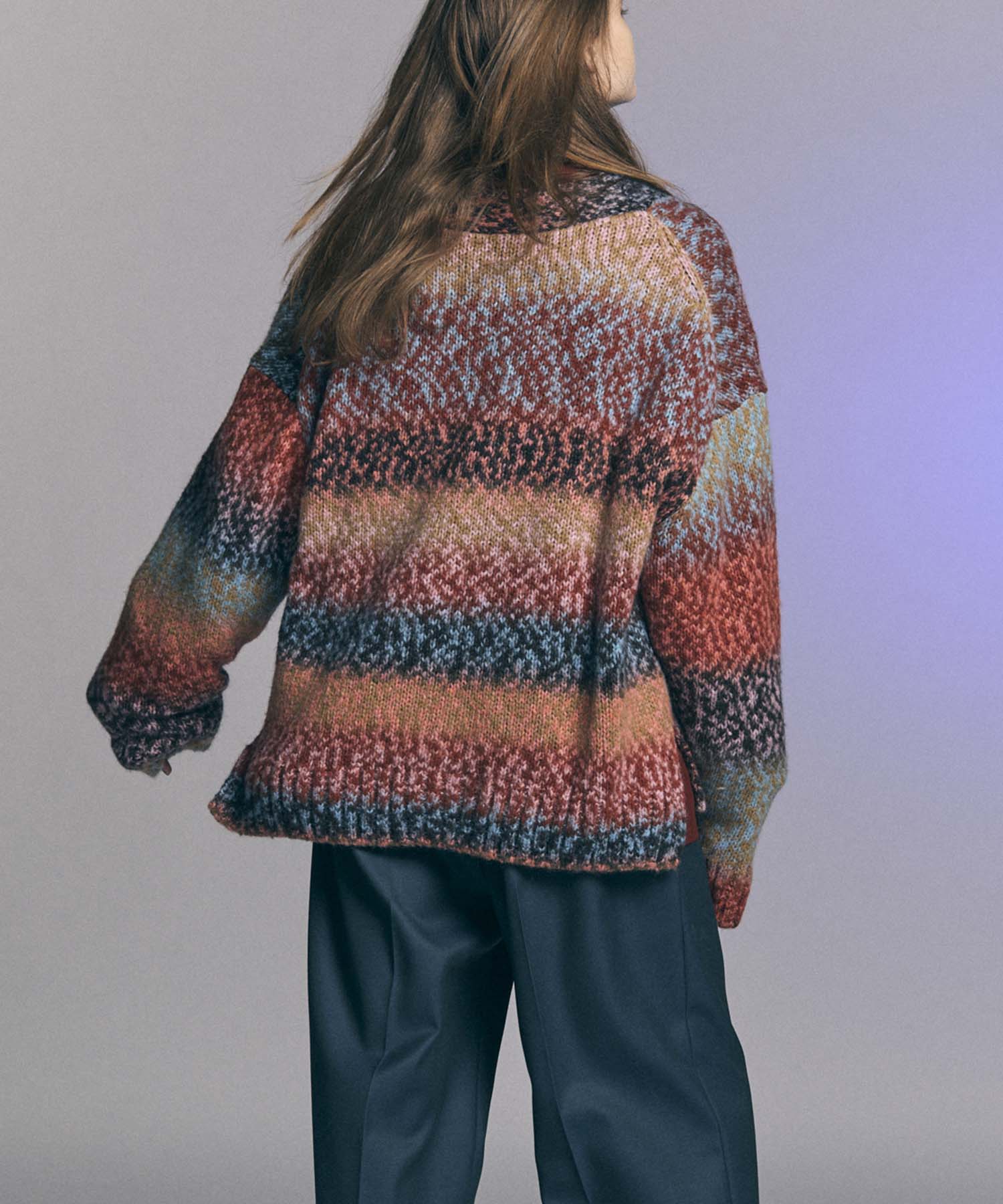 PINORI Long Space-Dye Gradation Prime-Over V-Neck Knit Cardigan