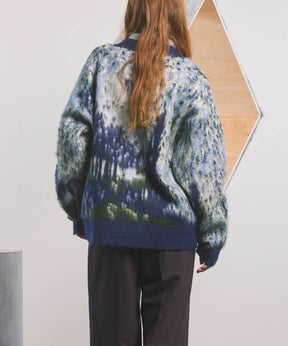 Prime-Over Landscape Painting V-Neck Knit Cardigan