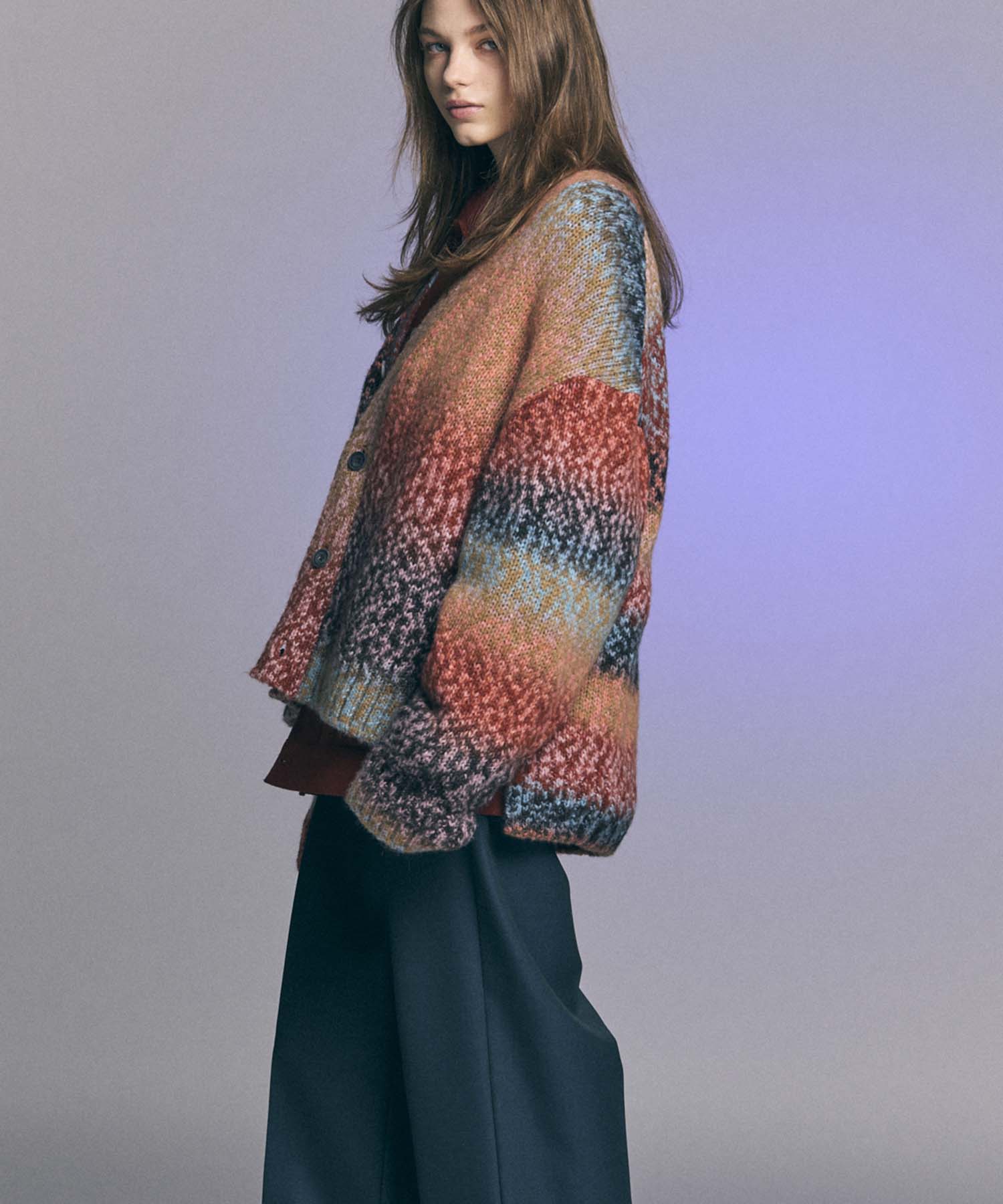 PINORI Long Space-Dye Gradation Prime-Over V-Neck Knit Cardigan